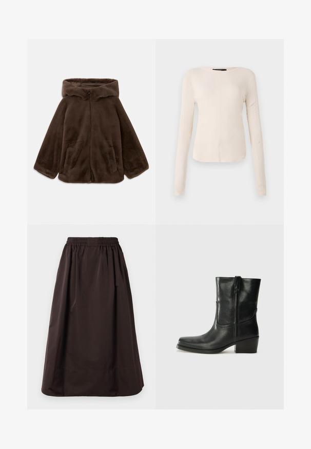 Chaqueta con capucha de pelo sintético marrón, con cremallera frontal y bolsillos laterales, mostrada tendida sobre un fondo blanco.; Top de manga larga, color beige claro, con cuello redondo. Fabricado en un tejido suave, presenta una costura central y un dobladillo ligeramente curvado. Sin herrajes visibles.; Falda midi de color marrón con cinturilla elástica y detalle de dobladillo ancho, hecha de tela suave con sutiles pliegues debajo de la cintura.; Botín negro de cuero hasta el tobillo con punta redondeada, tacón cuadrado, cremallera lateral y detalles de costura en el empeine. Textura suave, diseño clásico.