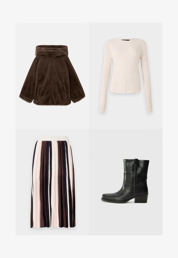 Braune Kunstfelljacke mit Kapuze, Vorderreißverschluss und Seitentaschen, auf einem weißen Hintergrund liegend gezeigt.; Langärmliges, hellbeiges Oberteil mit rundem Ausschnitt. Aus weichem Stoff gefertigt, verfügt es über eine zentrale Naht und einen leicht geschwungenen Saum. Keine sichtbaren Beschläge.; Plissierter Rock mit vertikalen Streifen in dunklen Brauntönen, hellem Pink und Creme, mit einem enganliegenden Bund und einem weichen, strukturierten Stoff.; Schwarze Leder-Ankle Boots mit runder Zehenform, Blockabsatz, seitlichem Reißverschluss und gestickten Akzenten auf dem Blatt. Glatte Textur, klassisches Design.