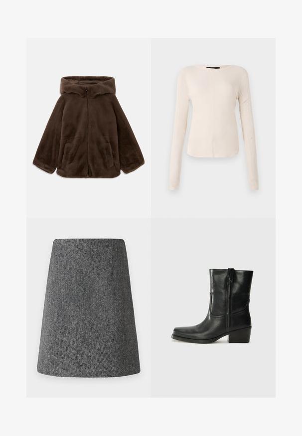 Rjava umjetna krzna jakna s kapuljačom, s prednjim zatvaračem i bočnim žepovima, prikazana položena ravno na bijeloj pozadini.; Dolga majica v svetlo bež barvi s okroglim izrezom. Narejena iz mehkega materiala, ima osrednji šiv in rahlo ukrivljen rob. Ni vidnih elementov.; Siva suknja v ribji kost, s širokim A-linijskim krojem, izdelana iz teksturirane tkanine. Ima čist pas in brez vidnih kovinskih delov ali okrasnih elementov.; Črne usnjene gležnjarje z zaobljenim nosom, blok peto, stransko zadrgo in šivanjem na vampu. Gladka tekstura, klasična zasnova.