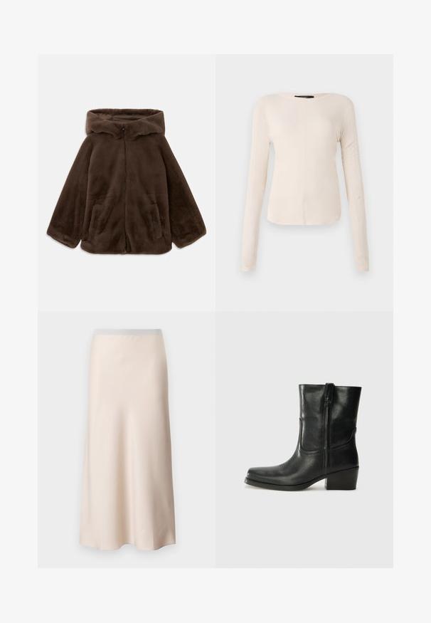 Brun faux fur hættejakke med frontlynlås og sidelommer, vist liggende fladt på en hvid baggrund.; Langærmet, lys beige top med rund halsudskæring. Lavet af blødt stof, har en central søm og let buet kant. Der er ingen synlige metaldele.; Lys beige midi-skjorte med en glat, satinlignende overflade og en lys grå elastisk talje. Flared design, der smalner ind mod kanten.; Sort læder ankelstøvle med rundt tå, blokhæl, lynlås i siden og stikninger på vampsiden. Glat tekstur, klassisk design.