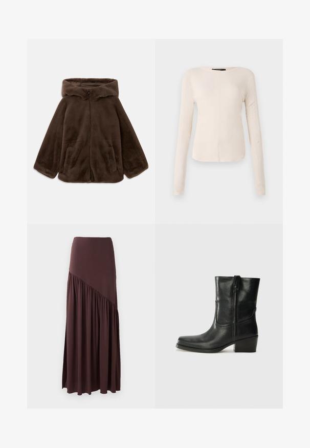 Veste à capuche en fausse fourrure marron avec fermeture éclair avant et poches latérales, présentée à plat sur un fond blanc.; Haut à manches longues, beige clair avec un col rond. Fait dans un tissu doux, il présente une couture centrale et un ourlet légèrement courbé. Pas de métal visible.; Jupe maxi marron en tissu doux. Elle possède une taille ajustée et un design asymétrique avec des détails froncés sur un côté.; Bottine en cuir noir avec un bout rond, un talon carré, une fermeture éclair sur le côté et des coutures décoratives sur l'empeigne. Texture lisse, design classique.