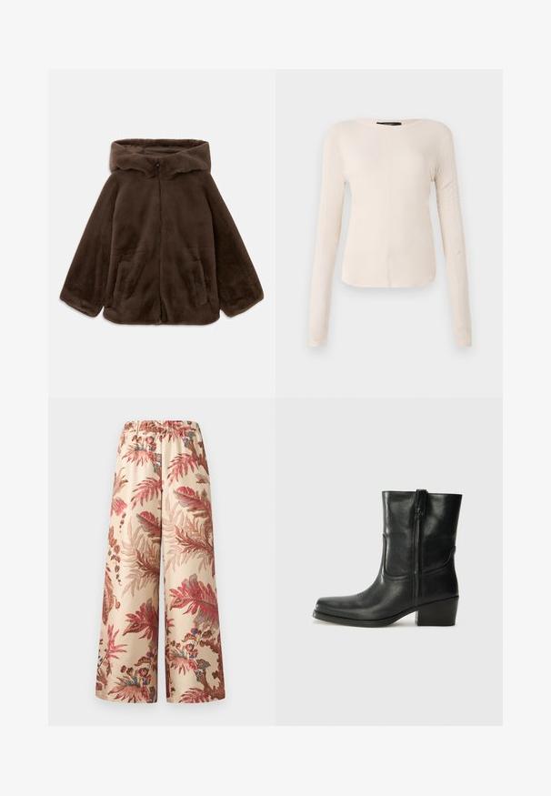Hnědá bunda s kapucí z umělé kožešiny se zipem vpředu a bočními kapsami, položená na bílé pozadí.; Dlouhý rukáv, světle béžový top s kulatým výstřihem. Vyrobeno z jemné látky, má středový šev a mírně zaoblený lem. Bez viditelné kovové úpravy.; Kalhoty s volnými nohavicemi v světle béžové látce, zdobené květinovým vzorem v růžových, červených a modrých odstínech, s elastickým pasem.; Černá kožená kotníková bota s kulatou špičkou, blokovým podpatkem, bočním zipem a prošíváním na svršku. Hladký povrch, klasický design.
