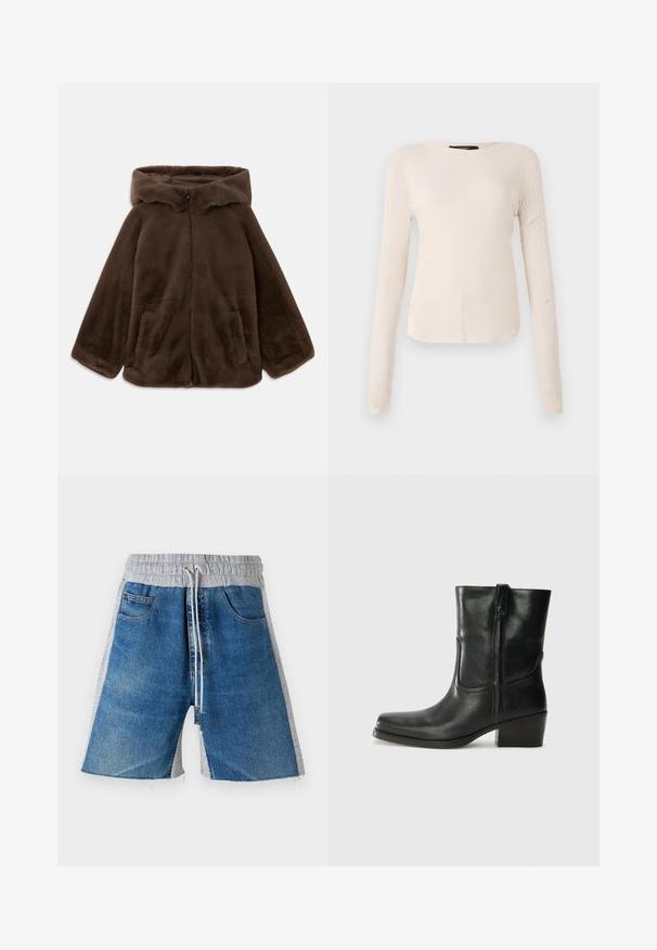 Braune Kunstfelljacke mit Kapuze, Vorderreißverschluss und Seitentaschen, auf einem weißen Hintergrund liegend gezeigt.; Langärmliges, hellbeiges Oberteil mit rundem Ausschnitt. Aus weichem Stoff gefertigt, verfügt es über eine zentrale Naht und einen leicht geschwungenen Saum. Keine sichtbaren Beschläge.; Jeansshorts mit einem grauen elastischen Bund und einem Kordelzug. Das Design umfasst Seitentaschen und eine farblich abgestimmte Optik.; Schwarze Leder-Ankle Boots mit runder Zehenform, Blockabsatz, seitlichem Reißverschluss und gestickten Akzenten auf dem Blatt. Glatte Textur, klassisches Design.