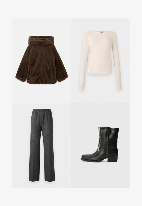 Brown faux fur hooded jacket with front zipper and side pockets, shown laid flat on a white background.; Long-sleeve, light beige top with a round neckline. Made of soft fabric, features a central seam and slightly curved hem. No visible hardware.; Gray textured wide-leg pants with an elastic waistband, featuring a subtle herringbone pattern. Soft fabric with a relaxed fit.; Black leather ankle boot with a rounded toe, block heel, side zipper, and stitching accents on the vamp. Smooth texture, classic design.