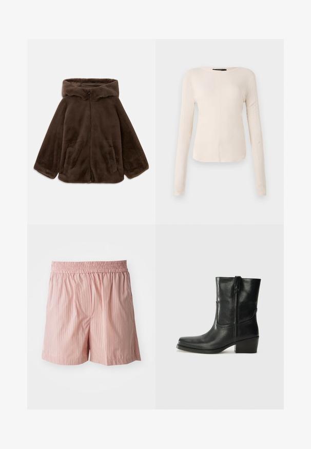 Brązowa kurtka z sztucznego futra z kapturem, z zamkiem błyskawicznym z przodu i bocznymi kieszeniami, zaprezentowana leżąca na białym tle.; Długi rękaw, jasnobeżowa bluzka z okrągłym dekoltem. Wykonana z miękkiego materiału, posiada centralny szew oraz lekko zaokrąglony dół. Brak widocznych elementów metalowych.; Jasnoróżowe szorty w pionowe pasy w kolorze czerwonym i białym. Elastyczny pas; luźny krój; gładka tekstura z minimalnymi detalami.; Czarne skórzane botki za kostkę z okrągłym noskiem, słupkowym obcasem, bocznym zamkiem i przeszyciami na cholewce. Gładka tekstura, klasyczny design.