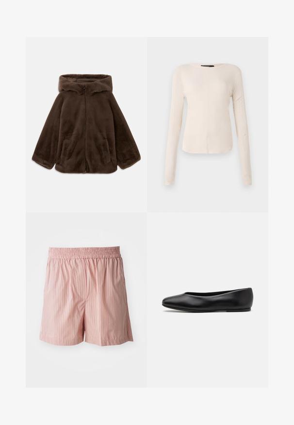 Brown faux fur hooded jacket with front zipper and side pockets, shown laid flat on a white background.; Long-sleeve, light beige top with a round neckline. Made of soft fabric, features a central seam and slightly curved hem. No visible hardware.; Light pink shorts with vertical stripes in red and white. Elastic waistband; relaxed fit; smooth texture with minimal detailing.; Paul Smith TOPANGA - Ballet pumps - black