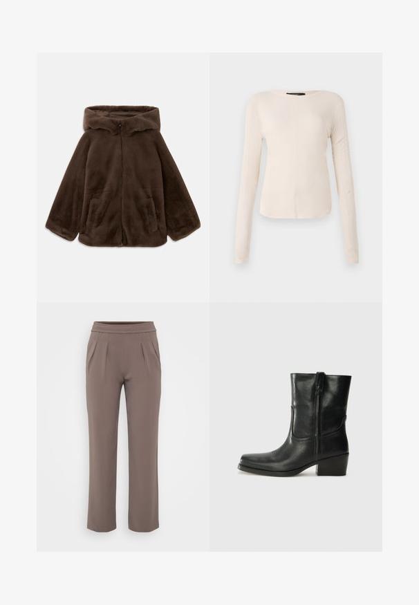 Brown faux fur hooded jacket with front zipper and side pockets, shown laid flat on a white background.; Long-sleeve, light beige top with a round neckline. Made of soft fabric, features a central seam and slightly curved hem. No visible hardware.; Taupe loose-fit trousers with elastic waistband and front pleats, made from smooth fabric.; Black leather ankle boot with a rounded toe, block heel, side zipper, and stitching accents on the vamp. Smooth texture, classic design.