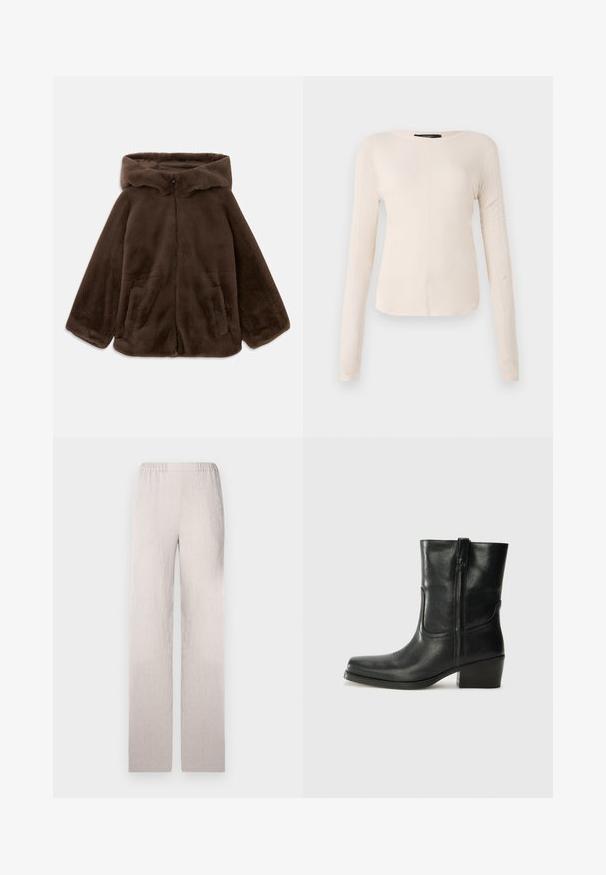 Hnědá bunda s kapucí z umělé kožešiny se zipem vpředu a bočními kapsami, položená na bílé pozadí.; Dlouhý rukáv, světle béžový top s kulatým výstřihem. Vyrobeno z jemné látky, má středový šev a mírně zaoblený lem. Bez viditelné kovové úpravy.; Světle béžové široké kalhoty vyrobené z texturované látky, s elastickým pasem a hladkým povrchem. Sestřih s rovnými liniemi.; Černá kožená kotníková bota s kulatou špičkou, blokovým podpatkem, bočním zipem a prošíváním na svršku. Hladký povrch, klasický design.