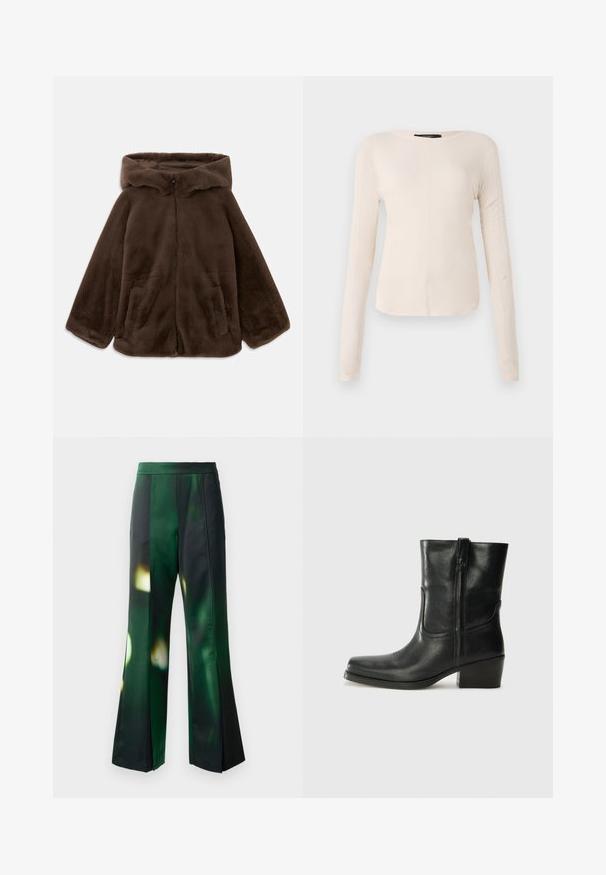 Chaqueta con capucha de pelo sintético marrón, con cremallera frontal y bolsillos laterales, mostrada tendida sobre un fondo blanco.; Top de manga larga, color beige claro, con cuello redondo. Fabricado en un tejido suave, presenta una costura central y un dobladillo ligeramente curvado. Sin herrajes visibles.; Pantalones acampanados en un tejido de satén verde y negro que presenta un patrón abstracto, con una textura suave y una cintura estructurada.; Botín negro de cuero hasta el tobillo con punta redondeada, tacón cuadrado, cremallera lateral y detalles de costura en el empeine. Textura suave, diseño clásico.
