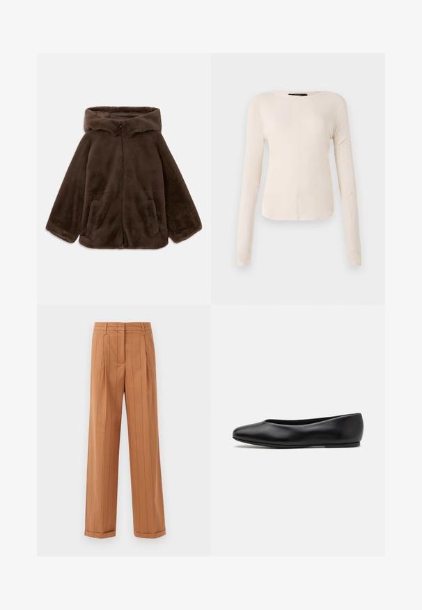 Ruskea tekoturkishuppari, jossa on etuvetoketju ja sivutaskut, esitelty tasaisena valkoista taustaa vasten.; Pitkähihainen, vaaleanbeige paita, jossa on pyöreä kaula-aukko. Valmistettu pehmeästä kankaasta, jossa on keskeinen sauma ja hieman kaareva helma. Ei näkyvää metalliosaa.; Ruske pinstriped hlače s krojem po mjeri, ki imajo gube, ravno rez in manšeto. Narejene so iz gladkega materiala.; Paul Smith TOPANGA - Ballerinat - black