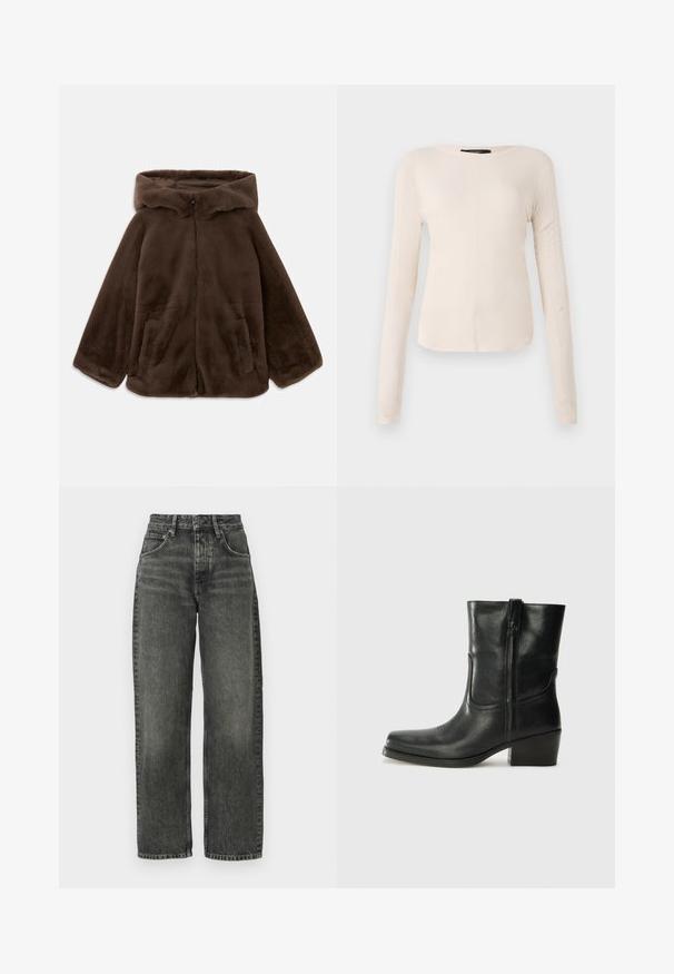 Chaqueta con capucha de pelo sintético marrón, con cremallera frontal y bolsillos laterales, mostrada tendida sobre un fondo blanco.; Top de manga larga, color beige claro, con cuello redondo. Fabricado en un tejido suave, presenta una costura central y un dobladillo ligeramente curvado. Sin herrajes visibles.; Won Hundred ALEXANDRA - Vaqueros boyfriend - tinted black; Botín negro de cuero hasta el tobillo con punta redondeada, tacón cuadrado, cremallera lateral y detalles de costura en el empeine. Textura suave, diseño clásico.