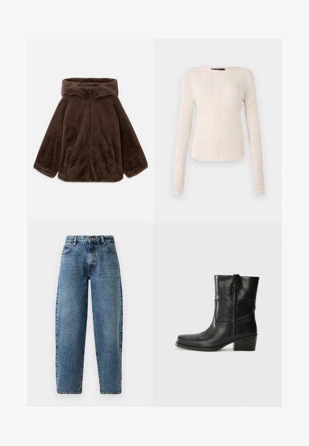 Rjava umjetna krzna jakna s kapuljačom, s prednjim zatvaračem i bočnim žepovima, prikazana položena ravno na bijeloj pozadini.; Dolga majica v svetlo bež barvi s okroglim izrezom. Narejena iz mehkega materiala, ima osrednji šiv in rahlo ukrivljen rob. Ni vidnih elementov.; Svetlo modri kavbojki z ravnim krojem, visoko pasom in minimalnim šivanjem. Klasičen kroj s petimi žepi in kovinskimi dodatki.; Črne usnjene gležnjarje z zaobljenim nosom, blok peto, stransko zadrgo in šivanjem na vampu. Gladka tekstura, klasična zasnova.