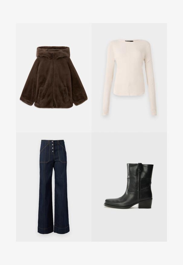 Smeđi lažni krzneni kaput s kapuljačom, prednjim zatvaračem i bočnim džepovima, prikazan u ravnom položaju na bijeloj pozadini.; Dugih rukava, svijetlo bež majica s okruglim izrezom. Izrađena od mekanog materijala, ima središnji šav i blago zakrivljen rub. Nema vidljivih metalnih dijelova.; Tamne tamne široke hlače od tamnog trapera s visokim strukom, s pet dugmadi sprijeda i kontrastnim zlatnim šavovima. Ima velike prednje džepove.; Crne kožne čizme do članaka s okruglim vrhom, blok potpeticom, bočnim patentnim zatvaračem i detaljima od šavova na gornjem dijelu. Glatka tekstura, klasičan dizajn.