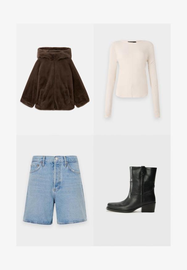 Rjava umjetna krzna jakna s kapuljačom, s prednjim zatvaračem i bočnim žepovima, prikazana položena ravno na bijeloj pozadini.; Dolga majica v svetlo bež barvi s okroglim izrezom. Narejena iz mehkega materiala, ima osrednji šiv in rahlo ukrivljen rob. Ni vidnih elementov.; Svetlo modri traper šortsi s ravnim krojem, dvema sprednjima žepoma, gumbom in zadrgo ter svetlim obrabljenjem ob robovih.; Črne usnjene gležnjarje z zaobljenim nosom, blok peto, stransko zadrgo in šivanjem na vampu. Gladka tekstura, klasična zasnova.