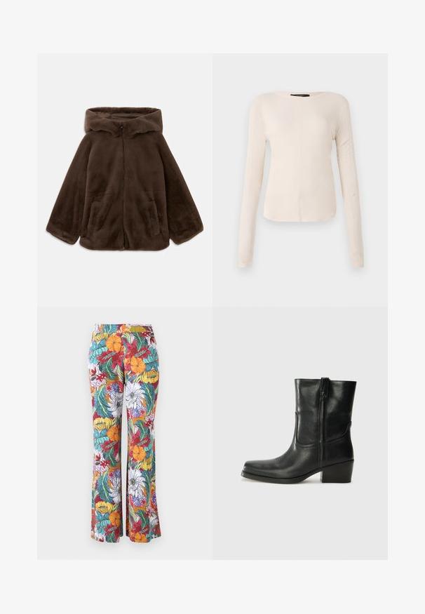 Bruine nep-bont capuchonjack met voorrits en zijzakken, plat gelegd op een witte achtergrond.; Langsleeve, lichtbeige top met een ronde halslijn. Gemaakt van zachte stof, heeft een centrale naad en een iets gebogen rand. Geen zichtbare hardware.; Uitlopende broeken met een meerkleurig bloemenpatroon, met oranje, paarse en turquoise bloemen en groene bladeren op een witte achtergrond.; Zwarte leren enkellaars met een ronde neus, blokhak, zijrits en stikselaccenten op de wreef. Gladde textuur, klassiek ontwerp.