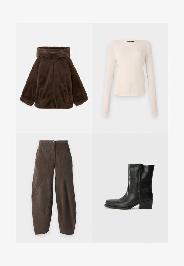 Veste à capuche en fausse fourrure marron avec fermeture éclair avant et poches latérales, présentée à plat sur un fond blanc.; Haut à manches longues, beige clair avec un col rond. Fait dans un tissu doux, il présente une couture centrale et un ourlet légèrement courbé. Pas de métal visible.; Pantalon en velours côtelé marron à jambes larges, taille haute, fermeture à bouton sur le devant et détails de couture en biais sur les jambes.; Bottine en cuir noir avec un bout rond, un talon carré, une fermeture éclair sur le côté et des coutures décoratives sur l'empeigne. Texture lisse, design classique.