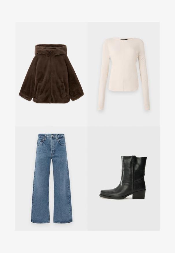 Smeđi lažni krzneni kaput s kapuljačom, prednjim zatvaračem i bočnim džepovima, prikazan u ravnom položaju na bijeloj pozadini.; Dugih rukava, svijetlo bež majica s okruglim izrezom. Izrađena od mekanog materijala, ima središnji šav i blago zakrivljen rub. Nema vidljivih metalnih dijelova.; Široke, plave traperice s klasičnim pet džepova, zatvaranjem na dugme i izbljeđenom teksturom, s rubovima koji nisu obrađeni.; Crne kožne čizme do članaka s okruglim vrhom, blok potpeticom, bočnim patentnim zatvaračem i detaljima od šavova na gornjem dijelu. Glatka tekstura, klasičan dizajn.