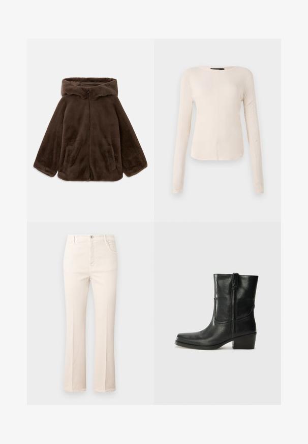 Veste à capuche en fausse fourrure marron avec fermeture éclair avant et poches latérales, présentée à plat sur un fond blanc.; Haut à manches longues, beige clair avec un col rond. Fait dans un tissu doux, il présente une couture centrale et un ourlet légèrement courbé. Pas de métal visible.; Jean beige évasé en coton, avec taille haute, cinq poches, fermeture à bouton et détails de couture subtils.; Bottine en cuir noir avec un bout rond, un talon carré, une fermeture éclair sur le côté et des coutures décoratives sur l'empeigne. Texture lisse, design classique.