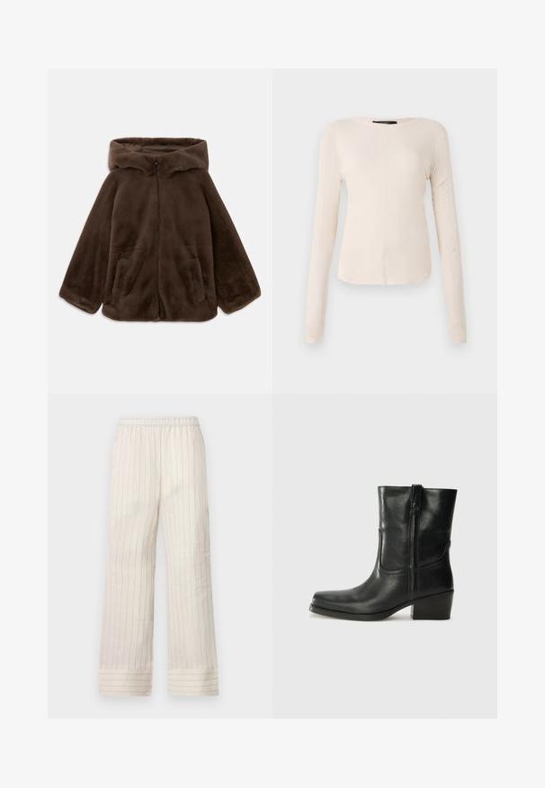 Smeđi lažni krzneni kaput s kapuljačom, prednjim zatvaračem i bočnim džepovima, prikazan u ravnom položaju na bijeloj pozadini.; Dugih rukava, svijetlo bež majica s okruglim izrezom. Izrađena od mekanog materijala, ima središnji šav i blago zakrivljen rub. Nema vidljivih metalnih dijelova.; Svijetlosmeđi hlače širokih nogavica s vertikalnim prugama, elastičnim pojasom i manžetama. Napravljene su od glatkog, mekanog materijala.; Crne kožne čizme do članaka s okruglim vrhom, blok potpeticom, bočnim patentnim zatvaračem i detaljima od šavova na gornjem dijelu. Glatka tekstura, klasičan dizajn.