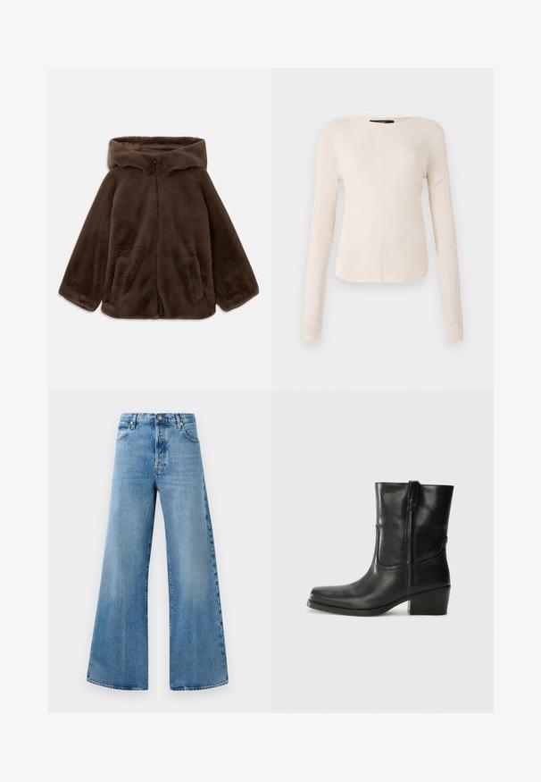 Pruun faux karvane kapuutsiga jakk, millel on ees tõmblukk ja küljetaskud, lamab valge taustal.; Pikkade varrukatega helesinine topp ümmarguse kaelusega. Valmistatud pehmest kangast, sisaldab keskset õmblust ja kergelt kaardus serva. Ei ole nähtavat riistvara.; Laia-sinine denim teampüks kõrge vöökohaga, mis sisaldavad eest taskuid, nööbiklappi ja peeneid fading-üksikasju.; Musta nahast pahkluu saabas ümarate varvastega, plokknäppu, külgsepa ja pealsetel õmblusest aktsentidega. Sile tekstuur, klassikaline disain.