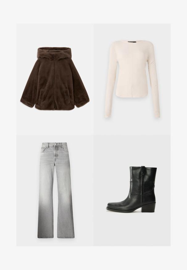 Hnědá bunda s kapucí z umělé kožešiny se zipem vpředu a bočními kapsami, položená na bílé pozadí.; Dlouhý rukáv, světle béžový top s kulatým výstřihem. Vyrobeno z jemné látky, má středový šev a mírně zaoblený lem. Bez viditelné kovové úpravy.; Šedé denimové široké kalhoty s vysokým pasem, vybledlým vzhledem, pěti kapsami a jezdcem s uzávěrem na knoflík.; Černá kožená kotníková bota s kulatou špičkou, blokovým podpatkem, bočním zipem a prošíváním na svršku. Hladký povrch, klasický design.
