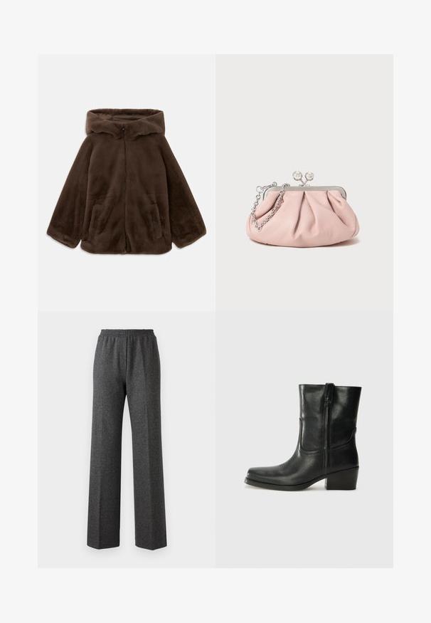 Rjava umjetna krzna jakna s kapuljačom, s prednjim zatvaračem i bočnim žepovima, prikazana položena ravno na bijeloj pozadini.; Črna majica brez rokavov z tankimi naramnicami, izdelana iz rebrastega materiala, z ravnim krojem in oznako na ovratniku z napisom "IVY OAK."; Sive široke hlače z elastičnim pasom, ki imajo subtilen ribji kost vzorec. Mehka tkanina z sproščenim krojem.; Črne usnjene gležnjarje z zaobljenim nosom, blok peto, stransko zadrgo in šivanjem na vampu. Gladka tekstura, klasična zasnova.; Roza usnjena torbica s gubanjem, kovinskim okvirjem, dvema okroglima zaponkama in srebrnim verižnim trakcem. Gladka tekstura, kompaktna oblika.