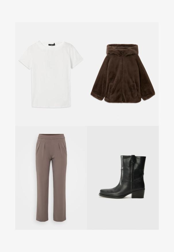 Veste à capuche en fausse fourrure marron avec fermeture éclair avant et poches latérales, présentée à plat sur un fond blanc.; T-shirt blanc à manches courtes en coton doux, avec un col rond et un ourlet droit, sans motifs ni accents visibles.; Pantalons amples taupe avec taille élastique et plis à l'avant, fabriqués en tissu lisse.; Bottine en cuir noir avec un bout rond, un talon carré, une fermeture éclair sur le côté et des coutures décoratives sur l'empeigne. Texture lisse, design classique.