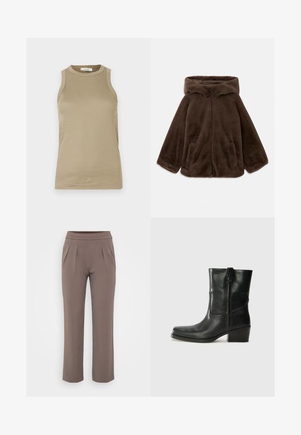 Giacca cappotto in finta pelliccia marrone con zip frontale e tasche laterali, mostrata distesa su uno sfondo bianco.; Top senza maniche beige realizzato in tessuto a costine. Presenta un collo alto e spaccature laterali. L'etichetta riporta "IVY OAK". Design semplice e aderente.; Pantaloni taupe a vestibilità ampia con elastico in vita e pieghe frontali, realizzati in tessuto morbido.; Stivale ankle in pelle nera con punta arrotondata, tacco a blocco, cerniera laterale e dettagli in cucitura sulla tomaia. Texture liscia, design classico.