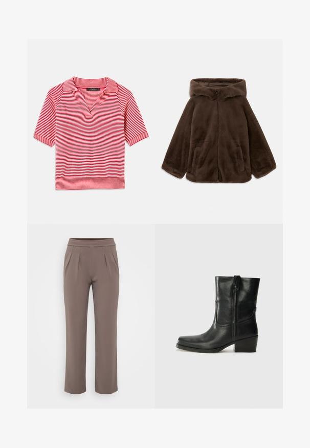Bruine nep-bont capuchonjack met voorrits en zijzakken, plat gelegd op een witte achtergrond.; Rood en wit gestreept polo shirt met korte mouwen en een V-halskraag, met een gemêleerd breiselpatroon en contrasterende ribbelzoom.; Taupe losvallende broek met elastische tailleband en voorplooien, gemaakt van zachte stof.; Zwarte leren enkellaars met een ronde neus, blokhak, zijrits en stikselaccenten op de wreef. Gladde textuur, klassiek ontwerp.