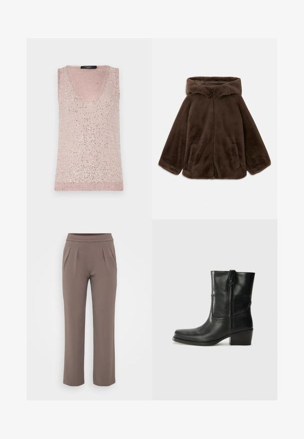Brown faux fur hooded jacket with front zipper and side pockets, shown laid flat on a white background.; Sleeveless, V-neck top in light pink with a ribbed texture, featuring scattered silver sequins for a sparkling detail.; Taupe loose-fit trousers with elastic waistband and front pleats, made from smooth fabric.; Black leather ankle boot with a rounded toe, block heel, side zipper, and stitching accents on the vamp. Smooth texture, classic design.