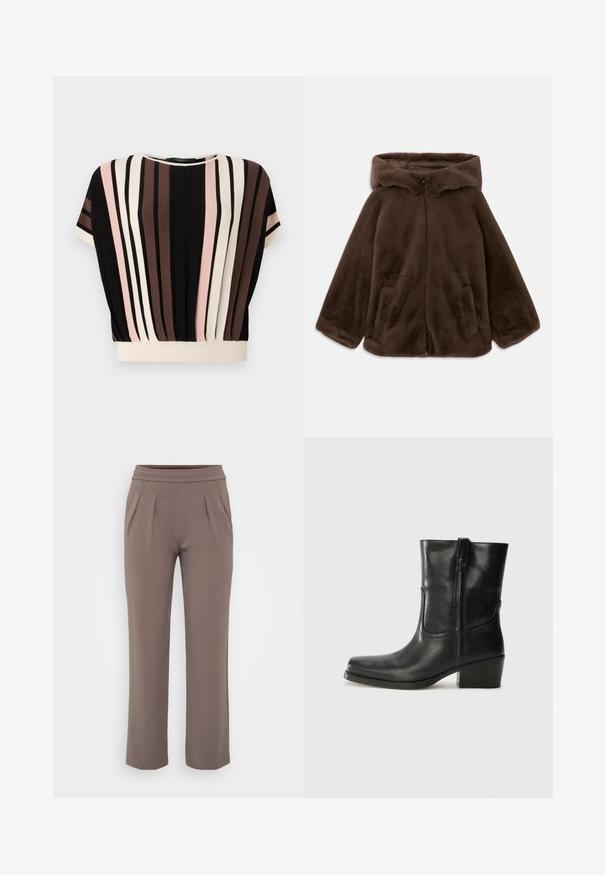 Braune Kunstfelljacke mit Kapuze, Vorderreißverschluss und Seitentaschen, auf einem weißen Hintergrund liegend gezeigt.; Kurzärmliges Oberteil mit vertikalen Streifen in Schwarz, Creme, Rosa und Braun. Verfügt über einen runden Halsausschnitt und eine bequeme Passform mit einem cremefarbenen Saum.; Taupe-lockere Hose mit elastischem Bund und vorderen Falten, gefertigt aus glattem Stoff.; Schwarze Leder-Ankle Boots mit runder Zehenform, Blockabsatz, seitlichem Reißverschluss und gestickten Akzenten auf dem Blatt. Glatte Textur, klassisches Design.