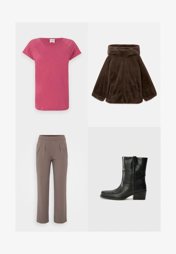 Barna műszőrme kapucnis dzseki elülső cipzárral és oldalsó zsebekkel, fehér háttér előtt, laposan kifektetve.; Rózsaszín, rövid ujjú póló kerek nyakkivágással, puha anyagból készült, raglán ujjakkal és laza szabással.; Taupe színű, lazán szabott nadrág, gumis derékkal és elülső pliszírozással, sima anyagból készült.; Fekete bőr bokacsizma lekerekített orral, blokk sarkúval, oldalsó cipzárral és varrásos díszítéssel az elején. Simább textúra, klasszikus dizájn.