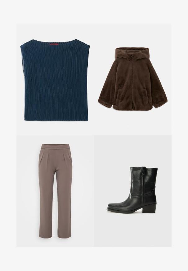 Brun faux fur hættejakke med frontlynlås og sidelommer, vist liggende fladt på en hvid baggrund.; Mørkeblå ribbet stoftop med en bred udskæring og korte ærmer. Lige snit med færdige kanter. Ingen synlige mønstre eller hardware.; Taupe løs-fit bukser med elastisk talje og frontfald, lavet af glat stof.; Sort læder ankelstøvle med rundt tå, blokhæl, lynlås i siden og stikninger på vampsiden. Glat tekstur, klassisk design.
