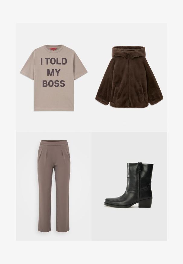 Rjava umjetna krzna jakna s kapuljačom, s prednjim zatvaračem i bočnim žepovima, prikazana položena ravno na bijeloj pozadini.; Bež t-shirt iz bombaža, kratki rokavi, okrogla izrezana, s poudarjenim temnim besedilom: "PODEL SEM SVOJEMU ŠEFU" odtisnjenim na sprednji strani.; Taupe hlače širokega kroja z elastičnim pasom in sprednjimi gubi, narejene iz gladkega materiala.; Črne usnjene gležnjarje z zaobljenim nosom, blok peto, stransko zadrgo in šivanjem na vampu. Gladka tekstura, klasična zasnova.
