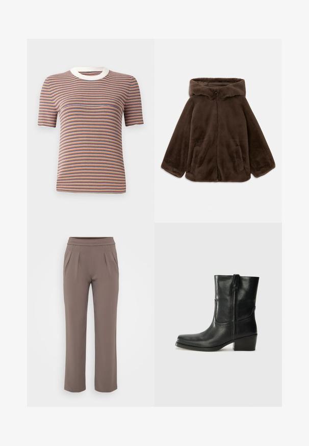 Hnedá umelá kožušinová bunda s kapucňou, predným zipsom a bočnými vreckami, zobrazená položená na bielom pozadí.; Pruhované tričko s krátkym rukávom v oranžovej, modrej a bielej farbe. Má ribbovaný materiál a biely okrúhly výstrih.; Taupe voľné nohavice s elastickým pásom a prednými skladmi, vyrobené z hladkej látky.; Čierne kožené členkové topánky s okrúhlou špičkou, blokovým podpätkom, bočným zipsom a prešívaním na priehlavku. Hladká textúra, klasický dizajn.