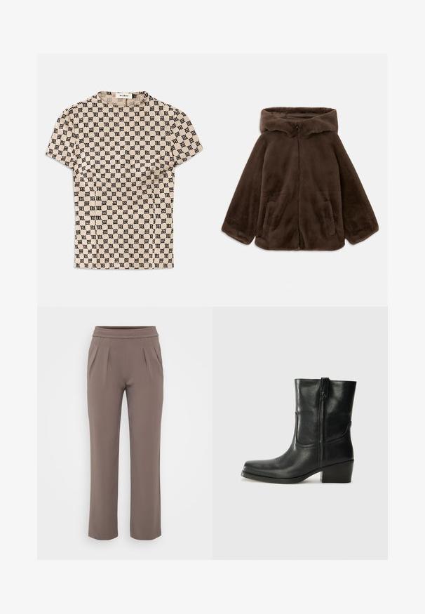 Hnědá bunda s kapucí z umělé kožešiny se zipem vpředu a bočními kapsami, položená na bílé pozadí.; Beige tričko s krátkým rukávem a celoplošným černým gotickým vzorem "M" a kulatým výstřihem, označené MISBHV.; Taupe volné kalhoty s elastickým pasem a předními záhyby, vyrobené z hladkého materiálu.; Černá kožená kotníková bota s kulatou špičkou, blokovým podpatkem, bočním zipem a prošíváním na svršku. Hladký povrch, klasický design.