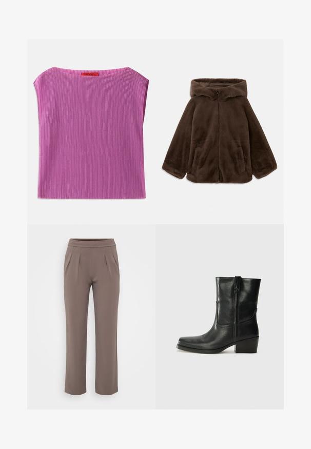 Jachetă cu glugă din blană artificială maro, cu fermoar frontal și buzunare laterale, prezentată întinsă pe un fundal alb.; Top fără mâneci texturat, de culoare roz deschis, cu un decolteu rotund și un model vertical cu fante. Eticheta vizibilă în spate cu numele brandului.; Pantaloni bej cu croi lejer, talie elastică și pliuri frontale, confecționați dintr-un material neted.; Botine din piele neagră, cu vârf rotund, toc pătrat, fermoar pe lateral și accente de cusături pe partea superioară. Textură netedă, design clasic.
