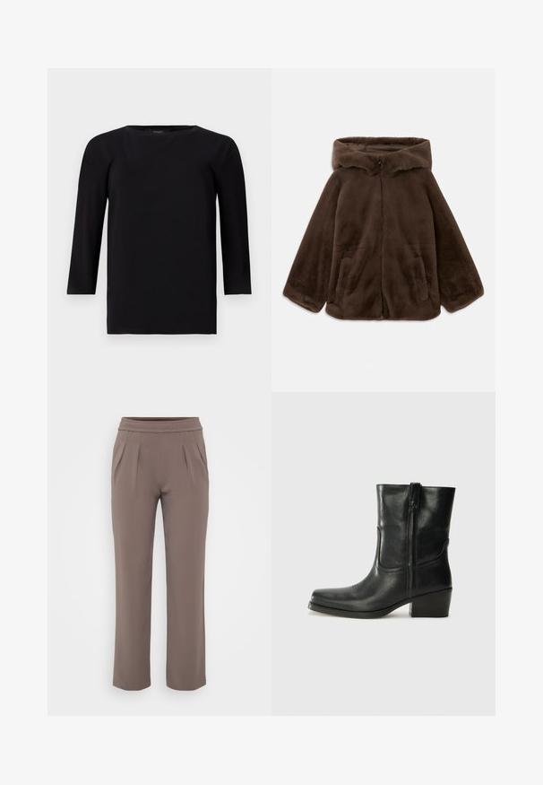 Brown faux fur hooded jacket with front zipper and side pockets, shown laid flat on a white background.; Black long-sleeve top with a crew neckline, made from a smooth, lightweight fabric. Features a relaxed fit and straight hem with minimal seams.; Taupe loose-fit trousers with elastic waistband and front pleats, made from smooth fabric.; Black leather ankle boot with a rounded toe, block heel, side zipper, and stitching accents on the vamp. Smooth texture, classic design.