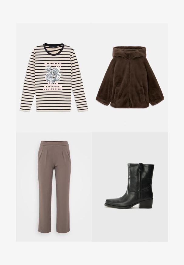 Bruine nep-bont capuchonjack met voorrits en zijzakken, plat gelegd op een witte achtergrond.; Gestreept langwerpig shirt met lange mouwen in beige en marineblauw, met een bloemgrafiek en de tekst "PARIS MON AMOUR" in roze, voorzien van een ronde zwarte hals.; Taupe losvallende broek met elastische tailleband en voorplooien, gemaakt van zachte stof.; Zwarte leren enkellaars met een ronde neus, blokhak, zijrits en stikselaccenten op de wreef. Gladde textuur, klassiek ontwerp.