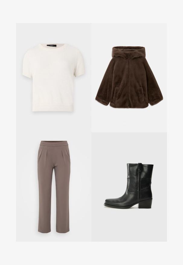 Veste à capuche en fausse fourrure marron avec fermeture éclair avant et poches latérales, présentée à plat sur un fond blanc.; Haut à manches courtes et col rond en tricot doux de couleur beige clair. Présente un ourlet et des poignets côtelés. Design minimaliste sans motifs ni accents.; Pantalons amples taupe avec taille élastique et plis à l'avant, fabriqués en tissu lisse.; Bottine en cuir noir avec un bout rond, un talon carré, une fermeture éclair sur le côté et des coutures décoratives sur l'empeigne. Texture lisse, design classique.