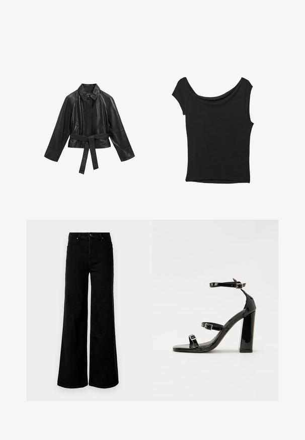 Černá kožená bunda s límečkem, širokými rukávy a páskem v oblasti pasu. Obsahuje boční kapsy a hladký, lesklý povrch.; Černý krátký rukáv top vyrobený z hladké látky; má drapovaný výstřih a asymetrický lem, s přiléhavým střihem.; Černé džíny s vysokým pasem a širokými nohavicemi, s předními a zadními kapsami, zapínáním na knoflík a poutky na opasek na jednoduchém bílém pozadí.; Černé lakované sandály na podpatku se čtveratou špičkou, lýtkovými pásky a stříbrnými přezkami. Disponují masivním blokovým podpatkem pro stabilitu.