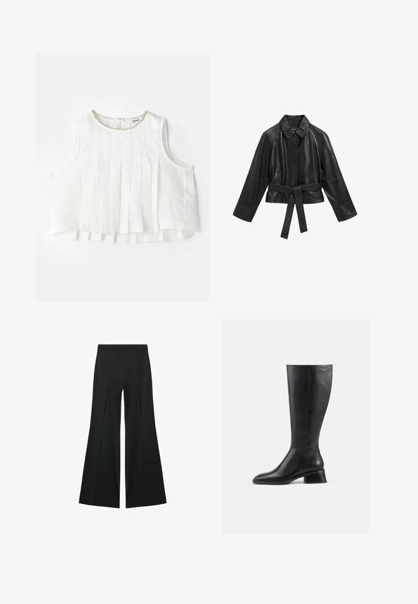 Schwarze Lederjacke mit kragenlosem Hals, weiten Ärmeln und tailliertem Gürtel. Sie verfügt über Seitentaschen und hat eine glatte, glänzende Textur.; Weiße ärmellose Bluse mit Falten, ausgestattet mit einem runden Ausschnitt, der mit einem metallischen Besatz verziert ist, sowie einer Knopfverschluss auf der Rückseite.; Schwarze weit geschnittene Hose mit glatter Textur, ausgestattet mit Frontfalten und einem taillierten Design. Der Stoff ist leicht und fließend.; Schwarze Lederstiefel bis zur Knee mit abgerundeter Spitze und niedrigem Blockabsatz. Verfügt über eine glatte Oberfläche und minimale Nahtdetails.