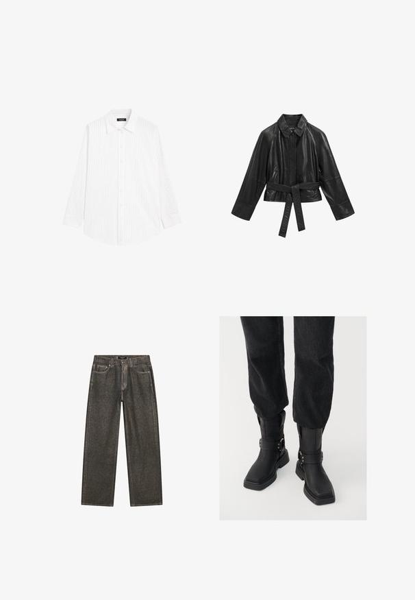 Sort læderjakke med krave, brede ærmer og bælte i taljen. Har sidelommer og en glat, blank overflade.; Hvid skjorte med knapper og lodrette lysegrå striber, spredt krave, lange ærmer og en afslappet pasform. Fremstillet af letvægtsstof.; Mørkegrå brede denimjeans med klassisk fem-lomme-design, kraftig syning og lynlås med knaplukning.; Sorte læder ankelstøvler med firkantet tå, der har en bred rem og metallisk spænde detalje. Støvlerne har en chunky sål og en glat overflade.