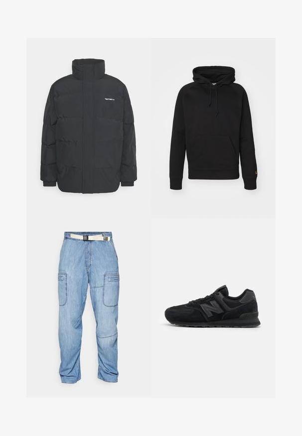 Musta puhvijaakku korkealla kauluksella, vetoketjukiinnitys edessä ja joustavat hihansuut. Varustettu taskulla ja pienellä logolla rintakehässä. Rakeinen pinta.; Mustat hupparit pehmeästä kankaasta, jossa on etutasku, säädettävä nauha ja ribbaatut hihansuut. Sujuva pinta, jossa on minimaalinen yksityiskohdat.; Vaaleansiniset farkut, joissa on rento istuvuus, useita taskuja ja kontrastivalkoinen vyö. Silkkinen pinta, jossa näkyvät saumat.; Juoksukengät mustasta mokasta ja verkosta, joissa on teksturoitu päällinen, pehmustettu kaulus, litteät nauhat ja harmaa logo korostus sivussa.