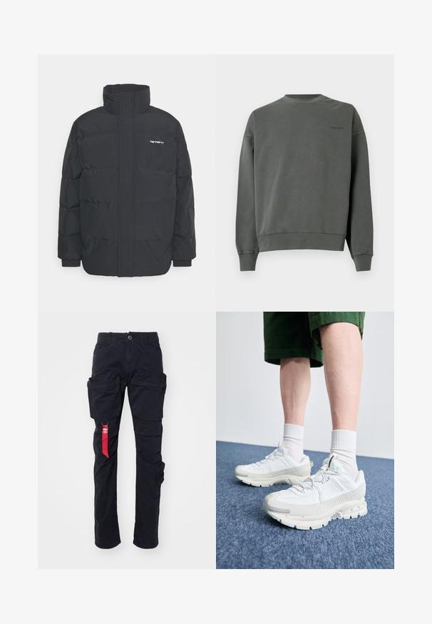 Juodas pūkinis švarkas su aukšta apykakle, užtrauktuku priekyje ir elastingomis rankovėmis. Yra kišenė ir mažas logotipas ant krūtinės. Tekstūruotas paviršius.; Pilkas megztinis su apvalia iškirpte, pagamintas iš minkštos medvilnės, su dygsniuotais rankogaliais ir apačia, ant krūtinės yra užsiuvinėta maža logo.; Juodos krovinių kelnės su keliais šoninėmis kišenėmis, diržo kilpa ir raudona audinio etikete kairėje pusėje. Pagamintos iš patvaraus medvilnės audinio.; Baltos sportinės bateliai su tekstūruotais uždengimais, masyviu padu ir pilkais akcentais. Dėvimi su baltais trumpais kojiniais ir žaliais šortais mėlyname paviršiuje.