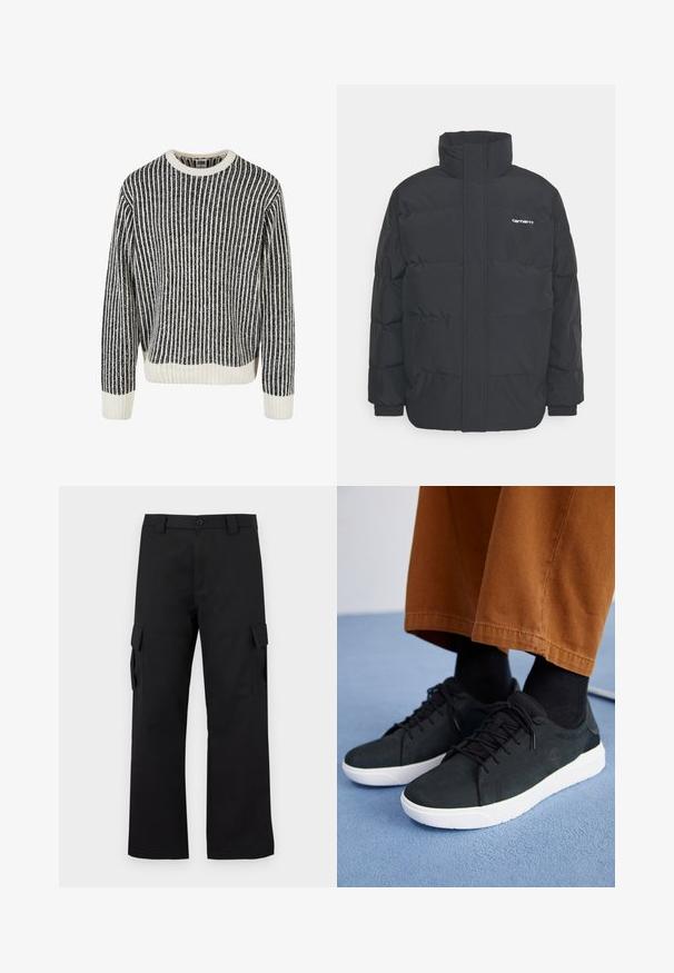 Melnā pūkainā jaka ar augstu apkakli, rāvējslēdzēja priekšpusi un elastīgām piedurknēm. Iespējama kabata un neliels logo uz krūtīm. Strukturēta virsma.; Melnā un baltā svītrainā adīta džemperis ar apaļu kakla izgriezumu, ribota tekstūra un garām piedurknēm. Apakšējā mala un pūkainās maliņas ir ar vienkrāsainiem baltā akcentiem.; Melni kargo bikses ar taisnu kāju dizainu. Izgatavotas no izturīga auduma, ar divām sānu kabatām ar atloki un pogu aizdari.; Melnas zamšādas kedas ar baltām gumijas zolēm, ar saistāmām auklām, tekstūrētām detaļām un diskrētu zīmolu, apvienotas ar brūniem biksēm.
