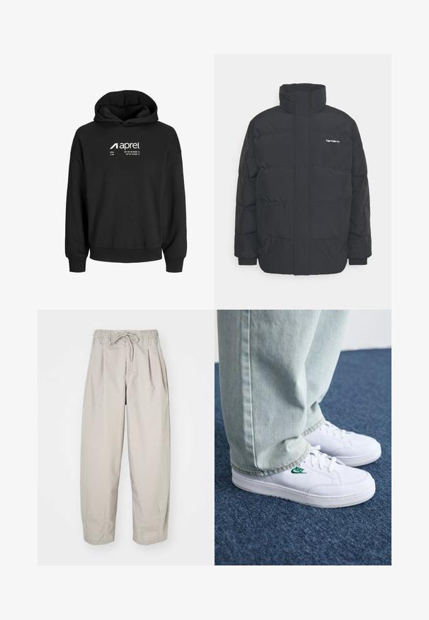 Jachetă puf black cu un guler înalt, închidere cu fermoar frontal și manșete elastice. Are un buzunar și un mic logo pe piept. Suprafață texturată.; Hanorac negru cu glugă, fabricat din material moale, având un text grafic alb cu coordonate și un logo pe față. Mâneci lungi și manșete ribbate.; Pantaloni bej, ușori, cu talie elastică și șnur. Prezintă pliseuri și o croială lejeră, realizată dintr-un material moale și neted.; Adidași din piele albă cu logo-ul Nike verde, vârf rotund, talpă plată, asortați cu pantaloni din denim bleu deschis, prezentați pe un covor albastru.