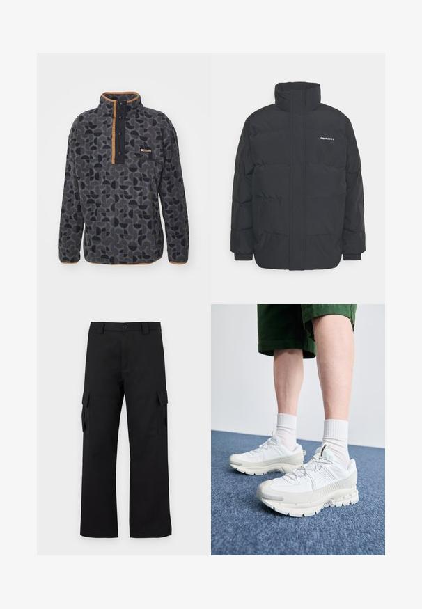 Černá zimní bunda s vysokým límcem, zipem vpředu a elastickými manžetami. Má kapsu a malé logo na hrudi. Texturovaný povrch.; Columbia HELVETIA - Fleecová mikina - black retroscape; Černé cargo kalhoty s rovnou nohavicí. Vyrobené z odolného materiálu, obsahují dvě boční kapsy se zapínáním na klopu a knoflíkový zip.; Bílé sportovní boty s texturovanými překryvy, masivní podrážkou a šedými akcenty. Na nohou mají bílé ponožky a zelené šortky na modrém povrchu.