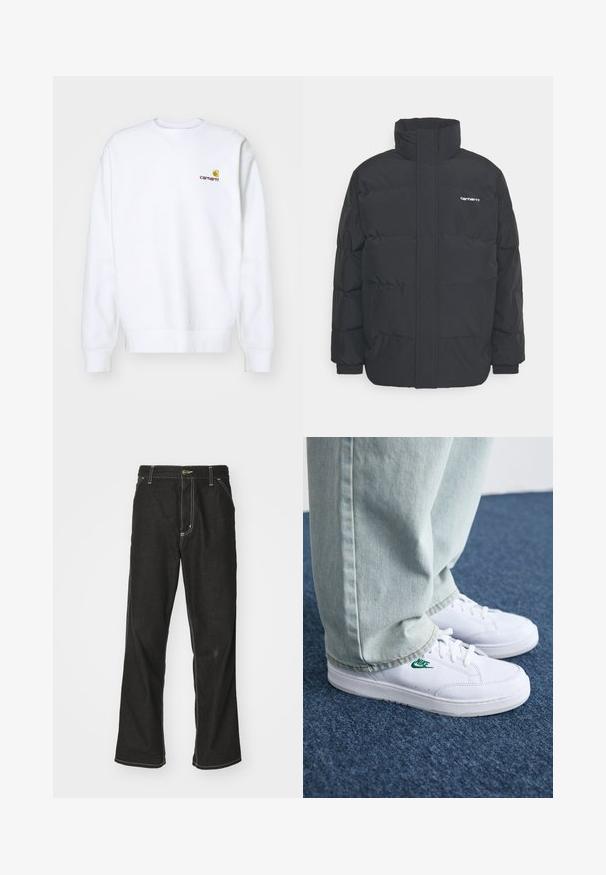 Czarna kurtka puchowa z wysoką kołnierzem, zamkiem z przodu i elastycznymi mankietami. Posiada kieszeń oraz małe logo na piersi. Teksturowana powierzchnia.; Carhartt WIP - Bluza; Czarne dżinsy o luźnym kroju, z kontrastującymi białymi szwami, z zapięciem na guzik i prostą nogawką.; Białe skórzane sneakersy z zielonym logo Nike, okrągły czubek, płaska podeszwa, zestawione z jasnoniebieskimi dżinsami, pokazane na niebieskim dywanie.
