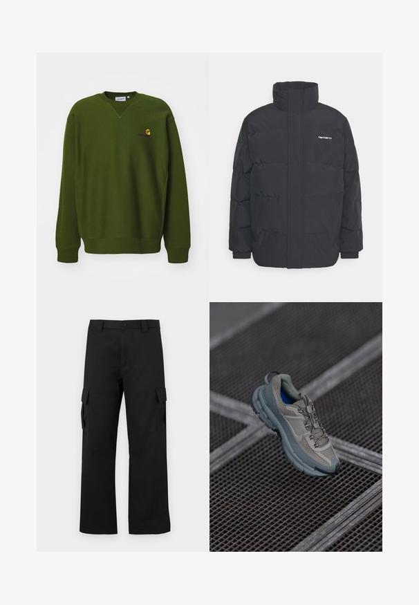 Casaco acolchoado preto com colarinho alto, fecho de correr à frente e punhos elásticos. Apresenta um bolso e um pequeno logótipo no peito. Superfície texturada.; Sweater verde oliva com um corte descontraído, gola redonda e punhos canelados. Apresenta um pequeno logótipo bordado amarelo e roxo no peito.; Calças cargo pretas com um design de perna reta. Feitas de um tecido durável, apresentam dois bolsos laterais com fechos de aba e um fecho de botão.; Sapatilha atlética bege e cinza com parte superior em malha texturizada, ponta arredondada e sola de borracha, com atacadores e colarinho almofadado.